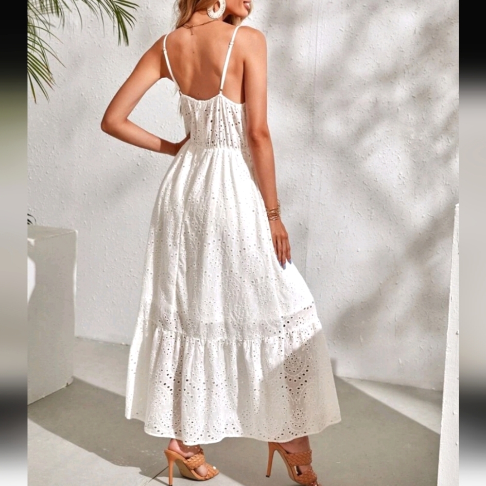 White Eyelet Maxi Dress with Spaghetti Straps - Picture 2 of 5